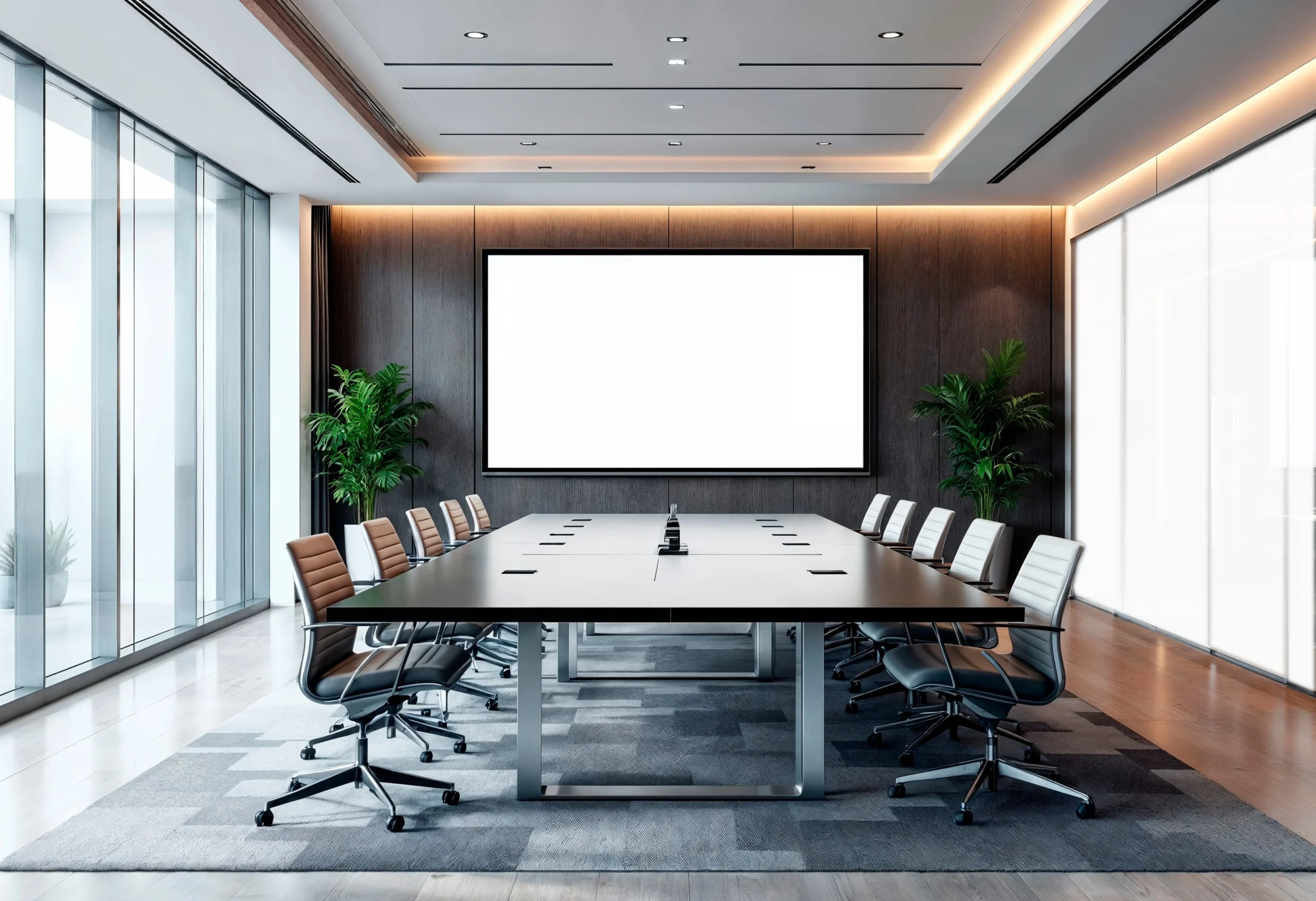 Modern corporate boardroom featuring switchable smart glass partitions